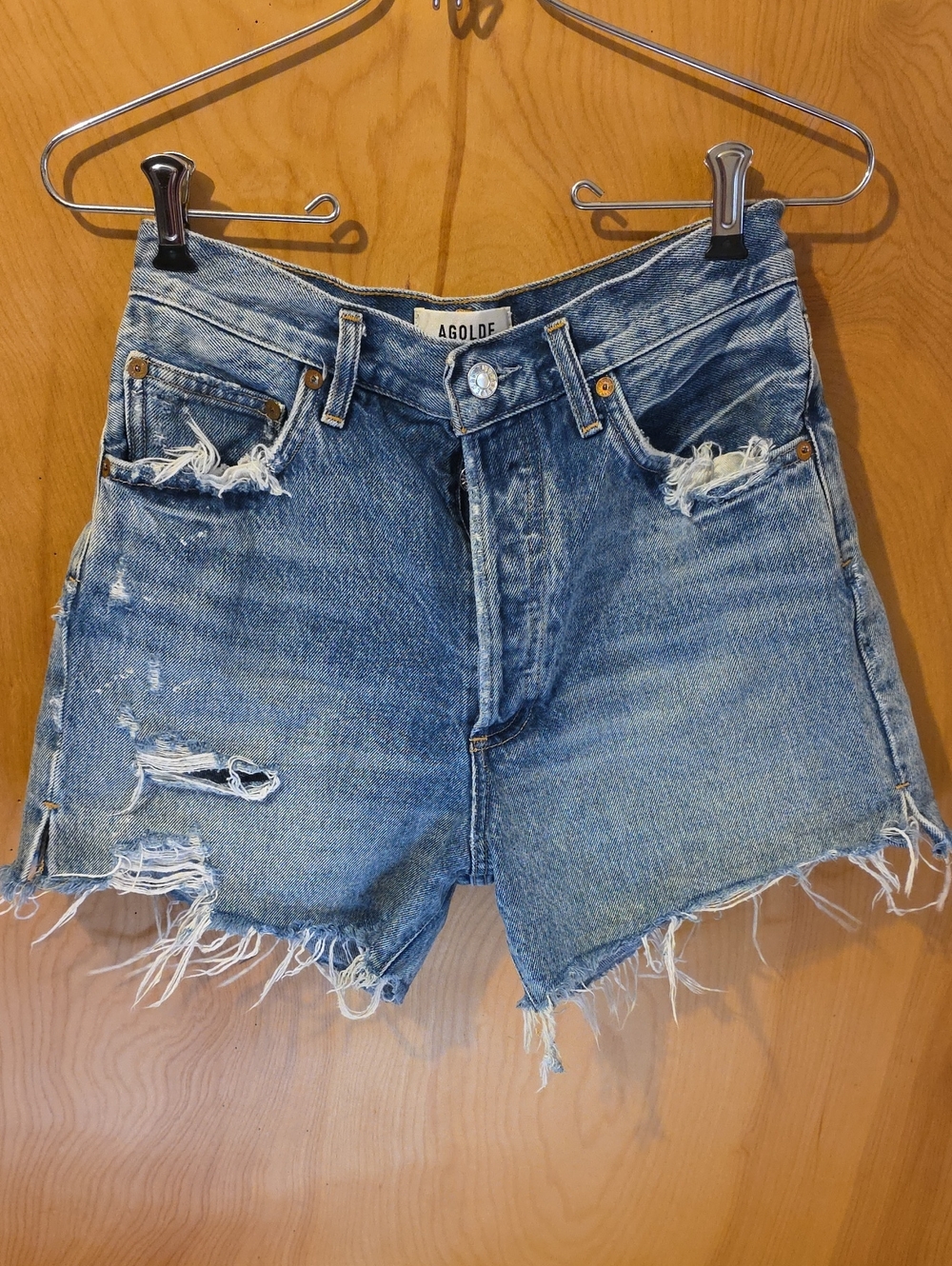 AGOLDE Blue Distressed Denim Cutoff Dee Shorts Size 27